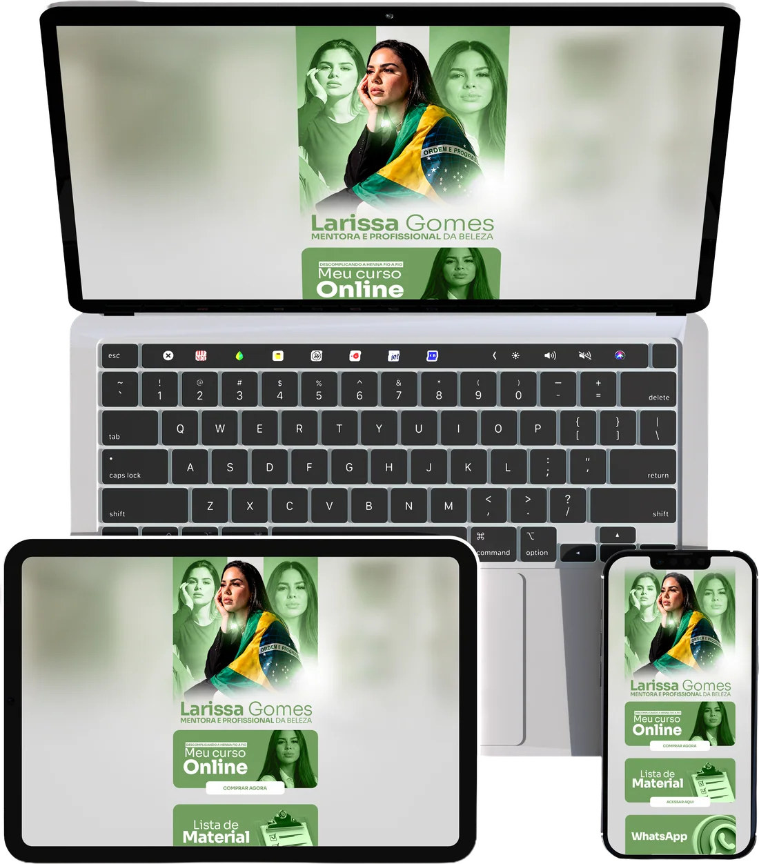 Página B-Link de Larissa Gomes no notebook, tablet e celular