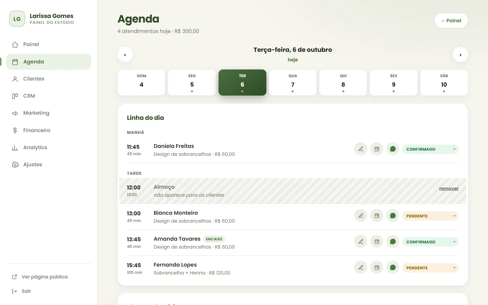 Tela Agenda do painel: atendimentos do dia por horário, com status, WhatsApp da cliente e botão para remarcar